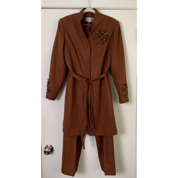JOHN MEYER BROWN LONG LINE PANT SUIT BEADED EMBROIDERED SIZE 10 - Picture 2 of 16
